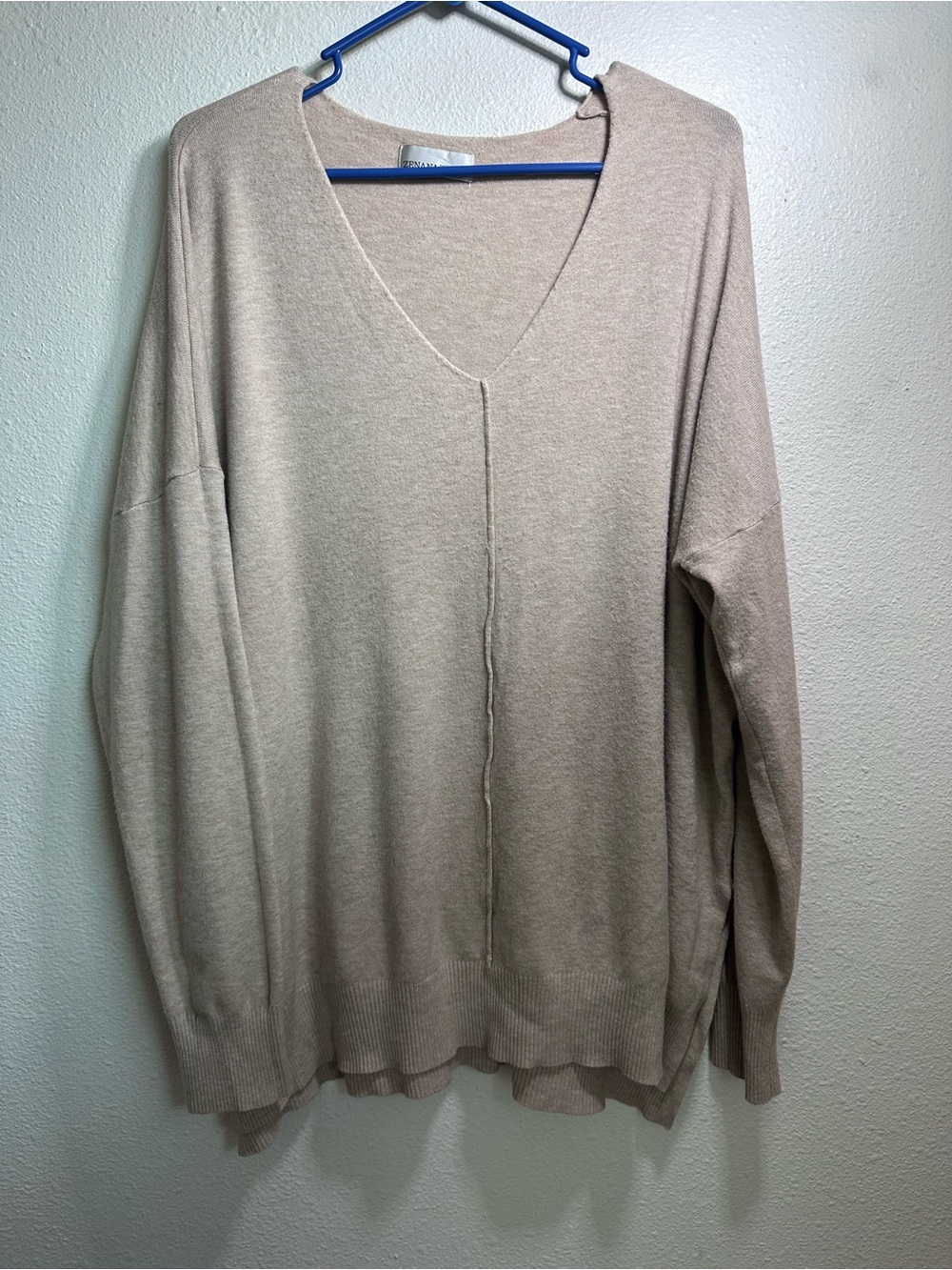 Zenana Outfitters Taupe V-Neck Relaxed Knit Sweater 1X/2X